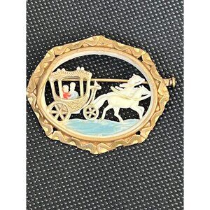 Antique 1930s Celluloid Carved Brooch With Carriage & Horses Design Oval Shape